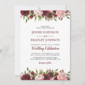 Invitation Rouge bordeaux aquarelle mariage floral (Devant)