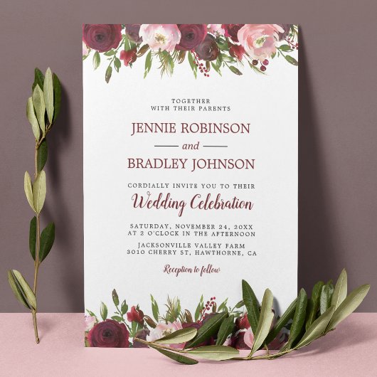Invitation Rouge bordeaux aquarelle mariage floral