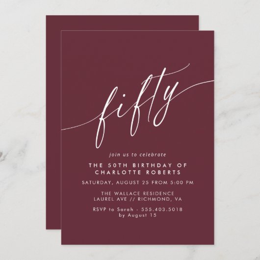 Invitation Rouge Bordeaux | Élégant Script Maroon 50e anniver (Devant / Derrière)
