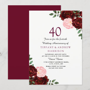 Invitation Rouge Bourgogne Blush Floral 40e Anniversaire de M