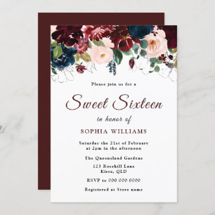 Invitation Rouge Bourgogne, Blush Floral Sweet 16 Party