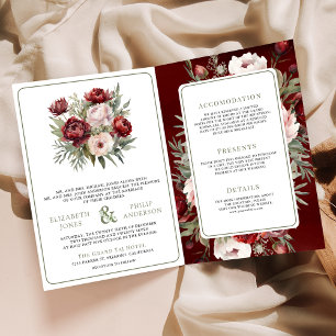 Invitation Rouge Bourgogne Blush Rose Floral Tout en Un Maria
