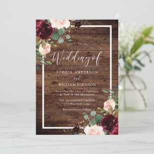 Invitation Rouge Bourgogne et Mariage Floral Rustique Bois