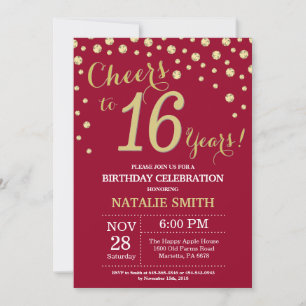 Invitation Rouge Bourgogne et Or 16e Anniversaire Diamant