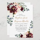 Invitation Rouge Bourgogne, Fard Rose et Fleurs Dorées pour u (Devant / Derrière)