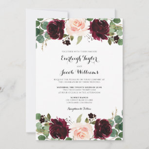 Invitation Rouge Bourgogne Fard Rosé Floral Eucalyptus Mariag