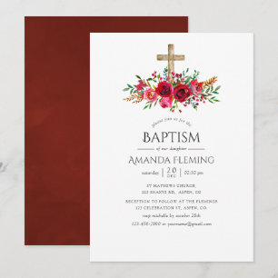 Invitation Rouge Bourgogne Floral Baptême ou Christening