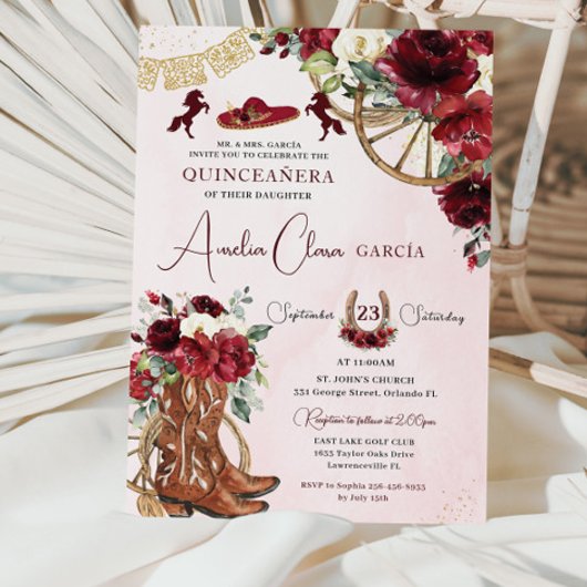 Invitation Rouge Bourgogne Floral Charro Quinceanera Ouest