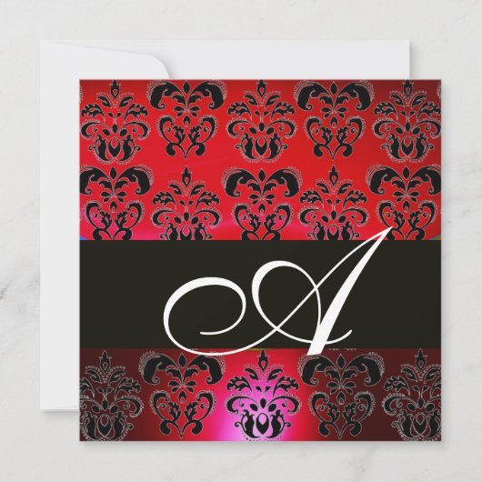 Invitation ROUGE BOURGOGNE NOIR DAMAS MONOGRAMME, rubis blanc (Devant)