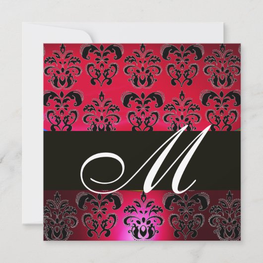 Invitation ROUGE BOURGOGNE NOIR DAMAS MONOGRAMME, rubis blanc (Devant)