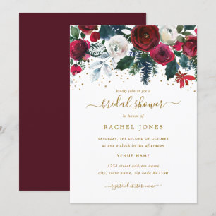 Invitation Rouge Bourgogne Or Floral Noël Mariage Enterrement