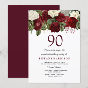 Invitation Rouge Bourgogne Rose blanche 90e anniversaire Invi