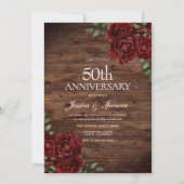 Invitation Rouge Bourgogne Rose Rustique 50 ans de mariage (Devant)
