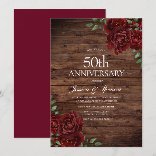 Invitation Rouge Bourgogne Rose Rustique 50 ans de mariage (Devant / Derrière)