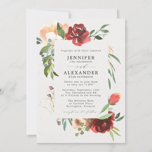 Invitation Rouge Bourgogne vert Eucalyptus Mariage floral (Devant)