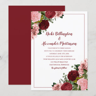 Invitation Rouge Bourguignon Rustique Fleurs Roses Mariage Bl