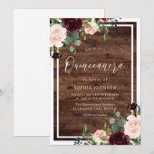 Invitation Rouge Bourguogne Fleuris Rustique Bois Quinceanera (Devant / Derrière)