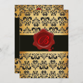 INVITATION ROUGE BRUN ET NOIR DAMAS , SIGILLÉ À LA CIRE MONOG (Devant / Derrière)