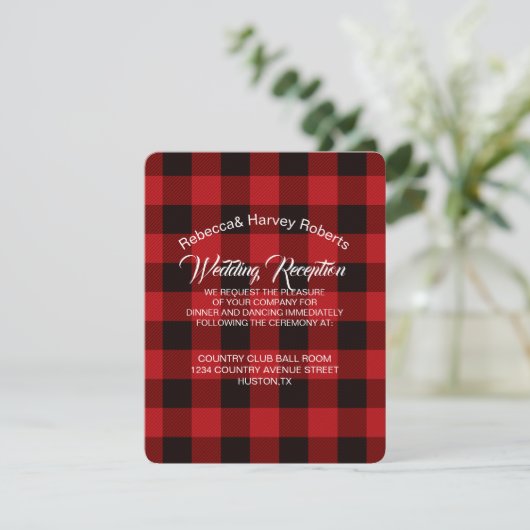 Invitation rouge buffle plaid rustique mariage d'hiver récept (Debout devant)