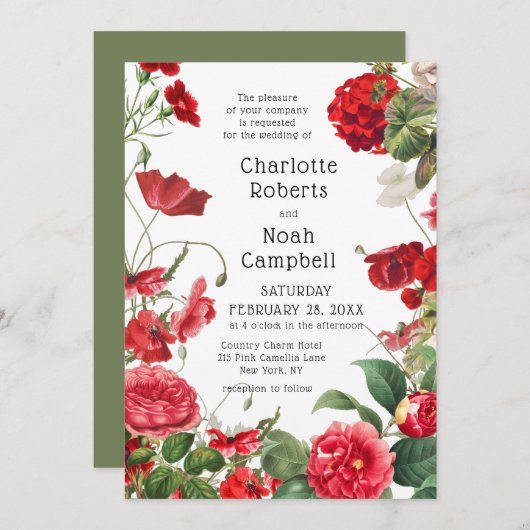 Invitation Rouge Camellia Fleur de Campagne Moderne Mariage F (Devant / Derrière)
