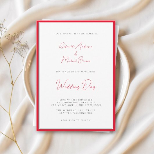 Invitation Rouge Cerise Mariage Traditionnel Simple Élégant