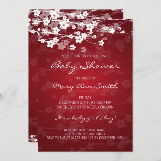Invitation Rouge cerisier en fleurs de Baby shower 5x7 (Devant / Derrière)
