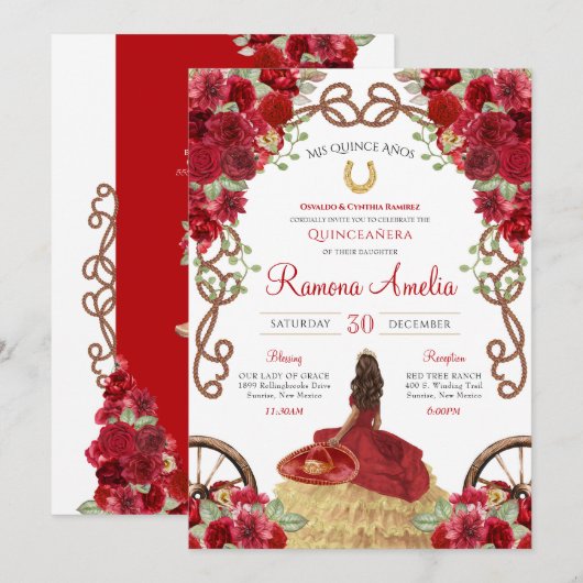 Invitation Rouge Charro Rustique Ouest Floral Quinceanera (Devant / Derrière)