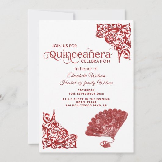 Invitation Rouge Chic éventail main roses romantique Quinceañ (Devant)