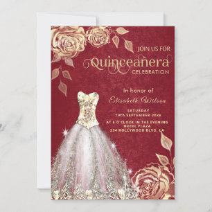 Invitation Rouge chic rose or robe tendance Quinceañera