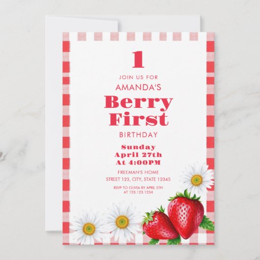 Invitation Rouge classique En vichy fraises Fille 1er anniver (Devant)