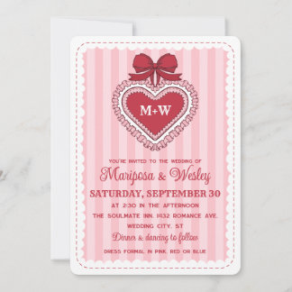 Invitation Rouge Coquette Mariage à rayures Cœur Froufrous