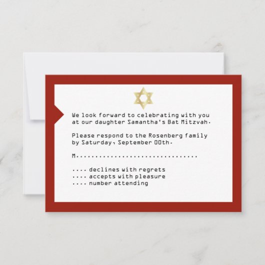Invitation Rouge cramoisi de réponse du bat mitzvah RSVP de (Devant)