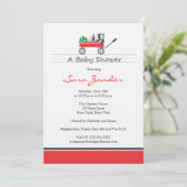 Invitation rouge de baby shower de chariot (Debout devant)