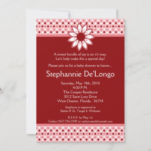 invitation rouge de baby shower de fleur de point (Devant)