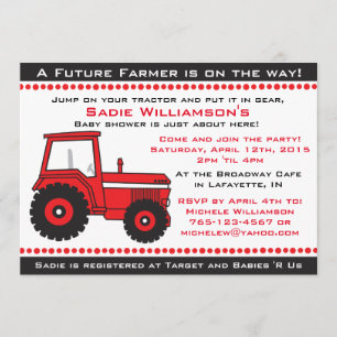 Invitation rouge de baby shower de tracteur