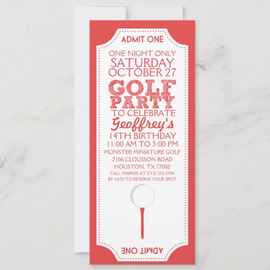 Invitation rouge de fête d'anniversaire de golf de (Devant)