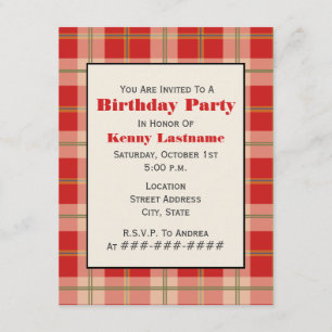 Invitation rouge de fête d'anniversaire de plaid