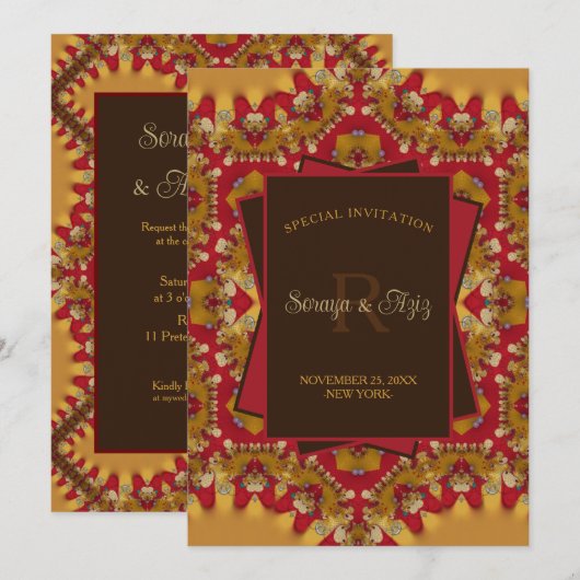 Invitation Rouge de l'Est Or Satin Broderie Anglaise Monogram (Devant / Derrière)