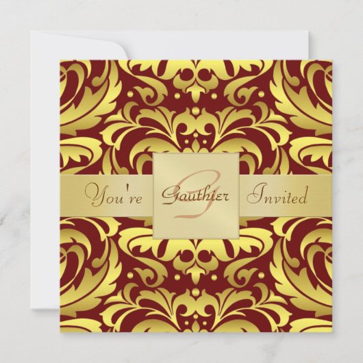 Invitation rouge de monogramme de feuille d'or de (Devant)