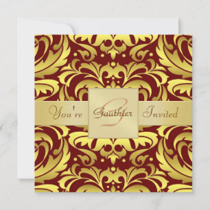 Invitation rouge de monogramme de feuille d'or de
