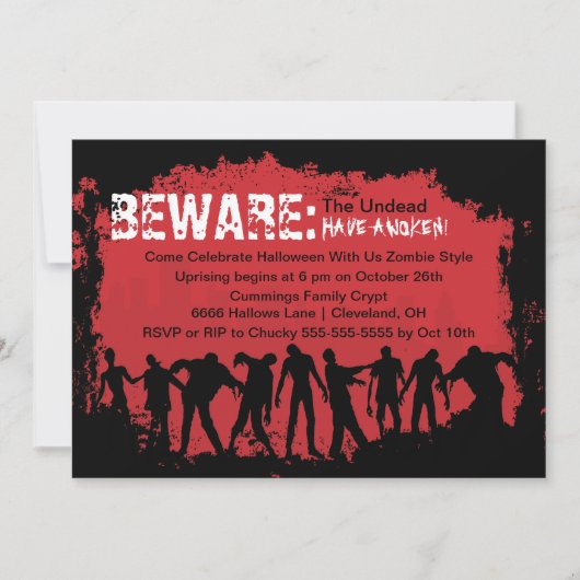 Invitation rouge de partie de Halloween de zombi (Devant)