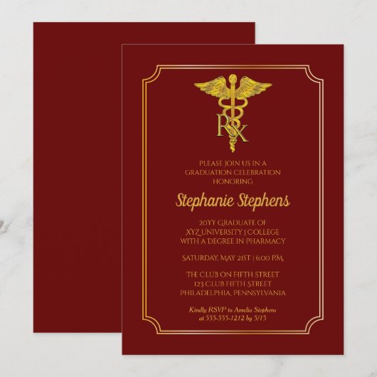 Invitation Rouge Dk | Gold Rx Pharmacy Graduation Party (Devant / Derrière)
