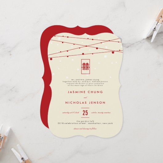 Invitation Rouge Double Bonheur Fairy Lumière Mariage chinois (Devant/Arrière en situation)