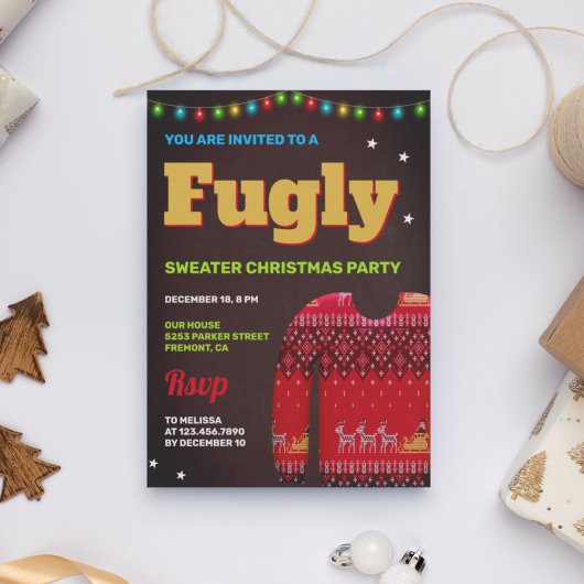 Invitation Rouge Drôle Fugly Mauvais Pull Fête de Noël