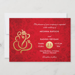 Invitation Rouge Elegant Gold Foil Ganesha Indian Damask 