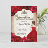 Invitation Rouge élégante vintage fille rose tiara Quince (Debout devant)