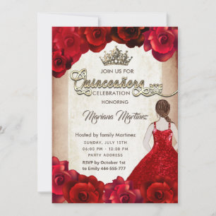 Invitation Rouge élégante vintage fille rose tiara Quince