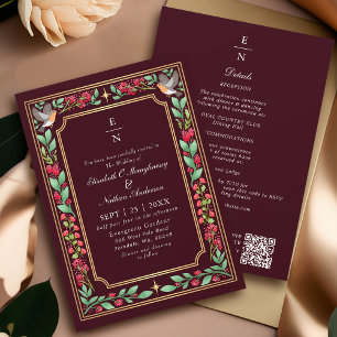 Invitation Rouge Enchantant Botanical Floral Mariage QR Code