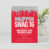 Invitation Rouge et argent Déchets Swag 16 Anniversaire (Debout devant)