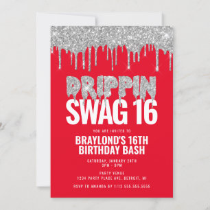 Invitation Rouge et argent Déchets Swag 16 Anniversaire